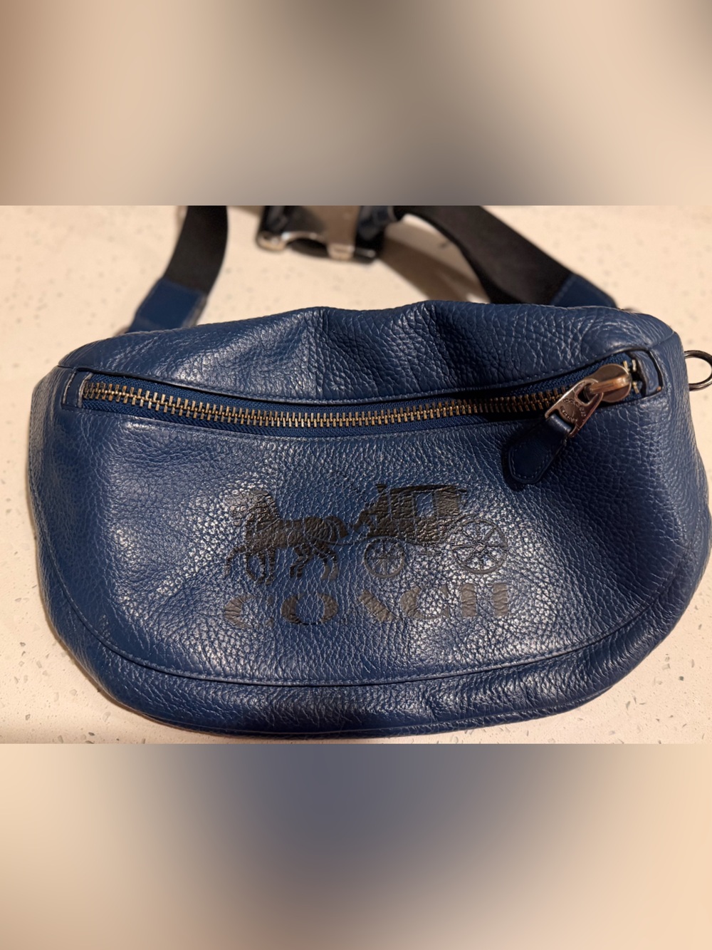Vintage Coach Navy Blue Pebbled Leather Belt Bag with Carriage Stamp